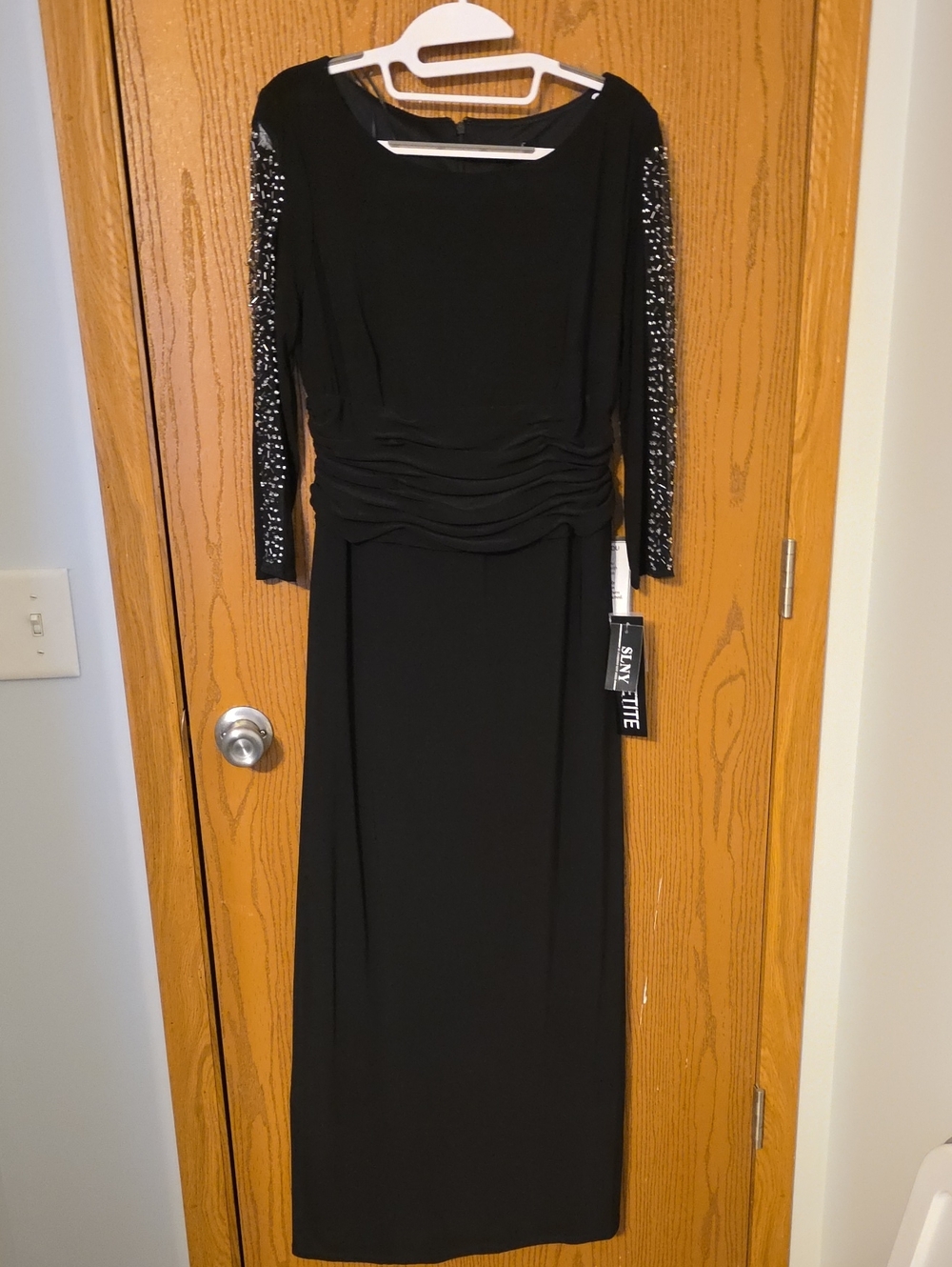 SLNY Black Long Sleeve Evening Gown with Beaded Sleeves Ptp 17-19, W13-16,l53